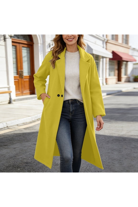 2026 New Pea Coats For Women Winter Classic Lapel Open Front Long Overcoat Comfy Wool Blend Long Sleeve Oversized Trench Coat(Yellow,L)