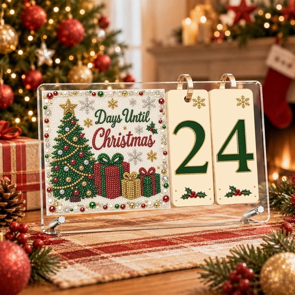 2026 Pearl Art Christmas Countdown Desk Calendar-02-Christmas Tree | DIY Diamond Art Painting Christmas Calendar With 20 Flip Number Cards & PET Base Holiday Decor & Xmas Gift Idea