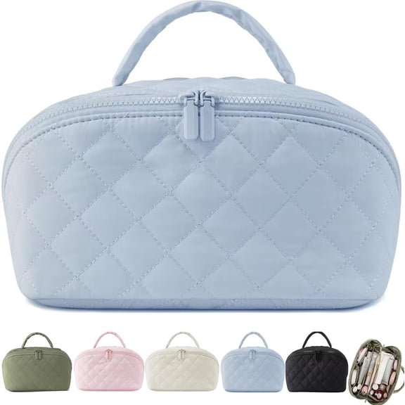 2026 New Petition Makeup Bag For Woman, 180°Wide Open Lay-Flat Water-Resistant Cosmetic Case, Puffy Padded Organizer With Compartments Travel Essentials For Toiletries & Brushes
