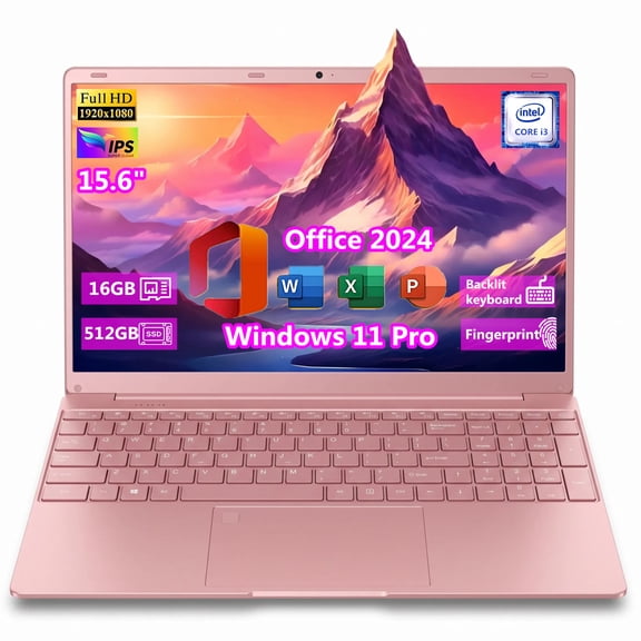 2026 New Pink Laptop, 15.6" IPS FHD Student Laptop, Office 2024, Windows 11 Pro, 16GB RAM 512GB SSD, Intel Core i3, Backlit Keyboard, Fingerprint Reader, USB3.0 WiFi5 for Study and Office Work