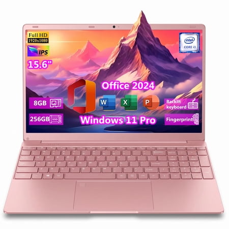 15.6" Pink Laptop, Windows 11 Pro, Office 2024, IPS FHD Student & Business Laptop Computer, 8GB RAM 256GB SSD, Intel Core i3-6100U, Backlit Keyboard, Fingerprint Reader, WiFi5 for Study and Work