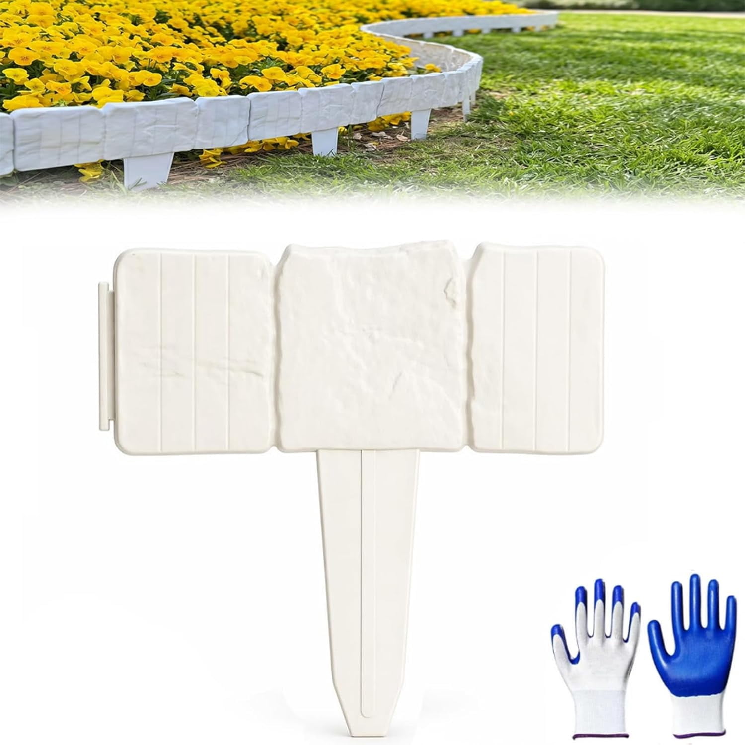 2026 New Plastic Garden Retaining Fence, Stone-Look Lawn Edging Border, No Dig Interlocking Lawn Stakes for Flower Bed, Decorative Outdoor Garden Border Fence for Patio Yard (White, 10 Pcs)