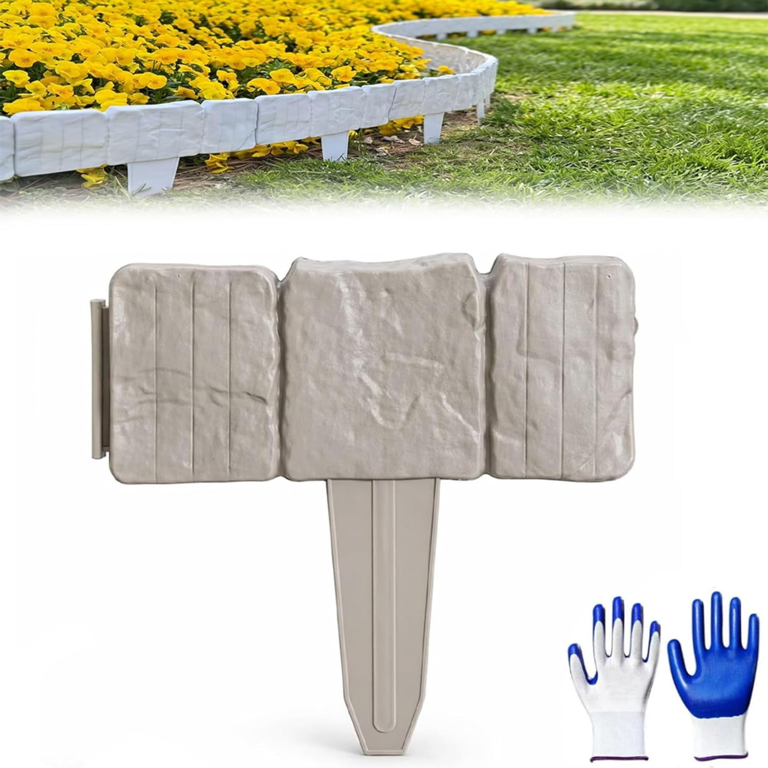 2026 New Plastic Garden Retaining Fence, Stone-Look Lawn Edging Border, No Dig Interlocking Lawn Stakes for Flower Bed, Decorative Outdoor Garden Border Fence for Patio Yard (Gray, 20 Pcs)