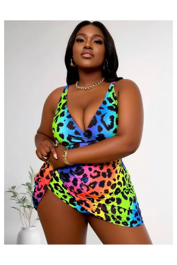 2026 New Plus Size Rainbow Leopard Print Halter Swimsuit - High-Stretch Polyester Cutout Bathing Suit