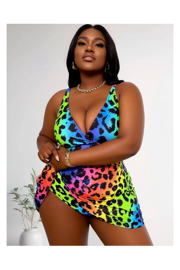 2026 New Plus Size Rainbow Leopard Print Halter Swimsuit - High-Stretch Polyester Cutout Bathing Suit