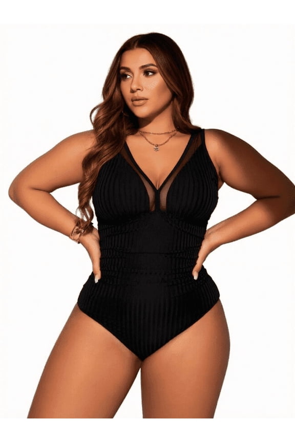 2026 New Plus Size Women's Black Ribbed One Piece Swimsuit – Mesh Panel Bathing Suit for Beach and Pool