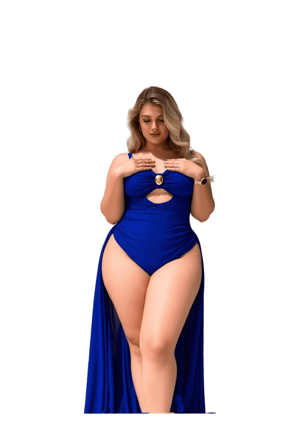 2026 New Plus Size Women's New Blue Tankini Swimsuit with Decorative Buttons, High Stretch Sexy Chic Bathing Suit for Summer Beach