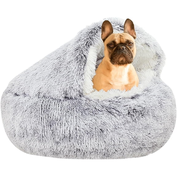 2026 New Plush Hooded Cat Bed, 26'' Cozy Fluffy Pet Bed with Covered Cave Design, Plush Faux Fur Enclosed Nest for Indoor Cats and Small Dogs