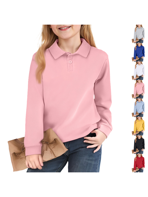2026 New Polo Shirts for Kids Long Sleeve Solid Casual Uniform Top for School Boys Girls Pink 150