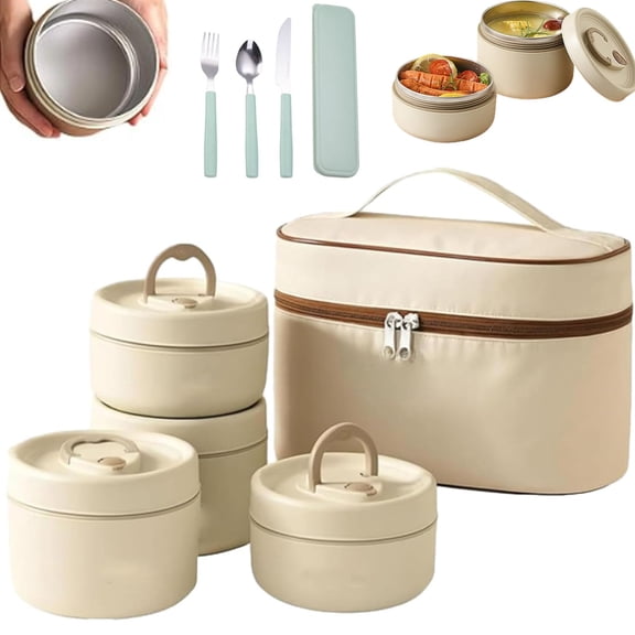 2026 New Portable Insulated Lunch Container Set, Separate Stackable Thermal Food Container, 2026 Upgraded Stainless Steel Lunch Container, For Work Picnics Camping(Beige 4-Tier)