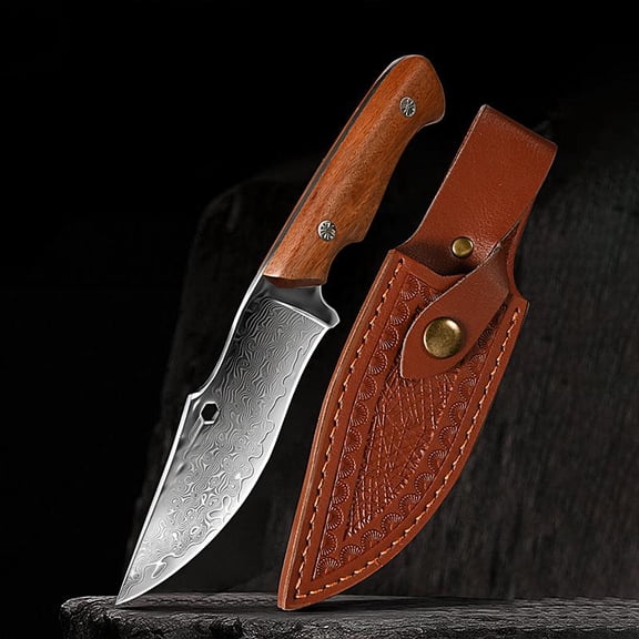 2026 New Premium Kitchen Fixed-blade Damascus Steel Knife with Leather Sheath Exquisite Craftsmanship Multi-functional Knife with Smooth Ergonomic Wooden Handle