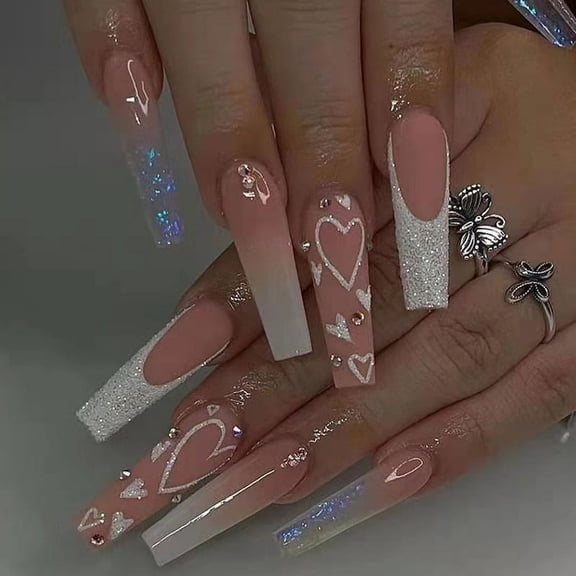 2026 New Press on Nails Long Square Shape Fake Nails White Acrylic Nails Glossy Nude Glue on Nails French False Nail Tips with Butterfly Charms&White Flowers Design for Women&Girls, 24Pcs