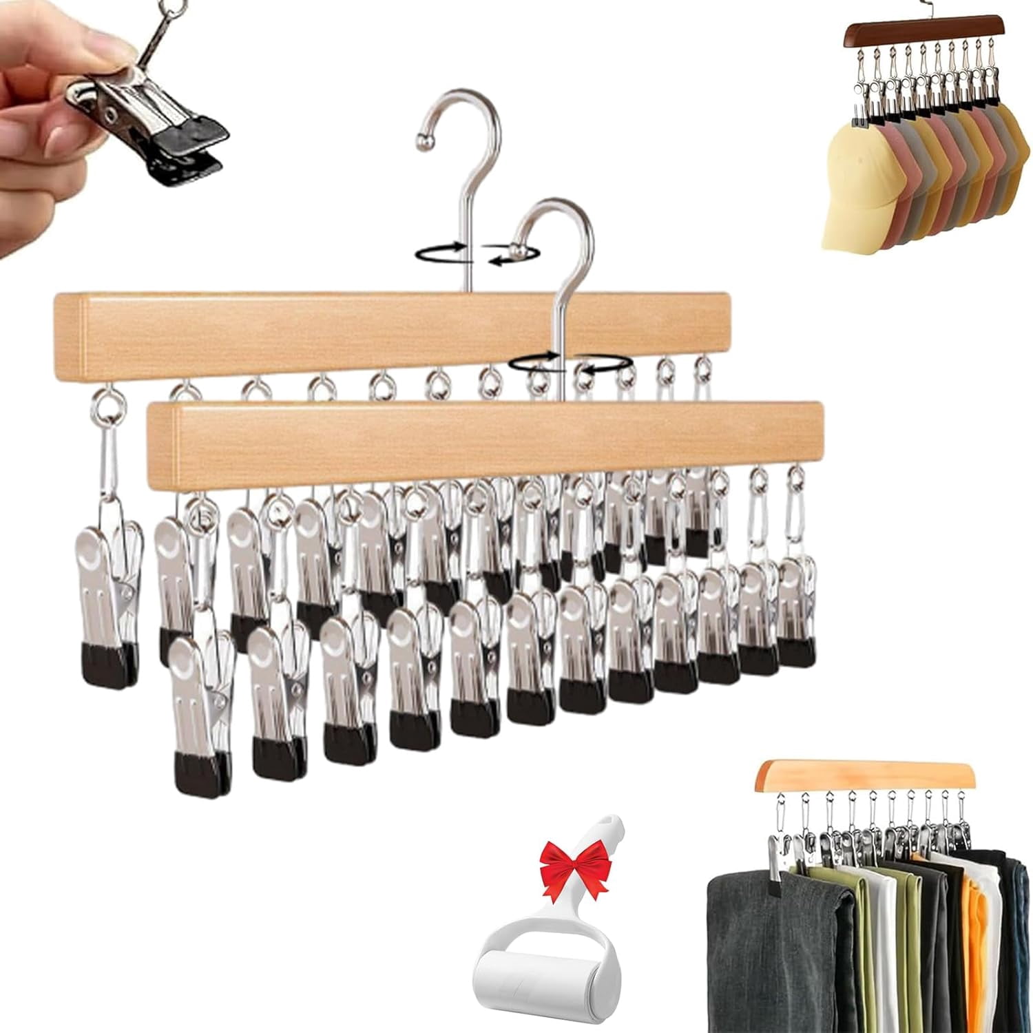 2026 New Pure Wood Rotating Closet Organizer with 12 Clips - Vertical Space Saver & Wrinkle-Free Storage Solution, Multi-Layer Solid Wood Rotating Hanger, for Jeans Leggings Skirts Hats (2, Nature)
