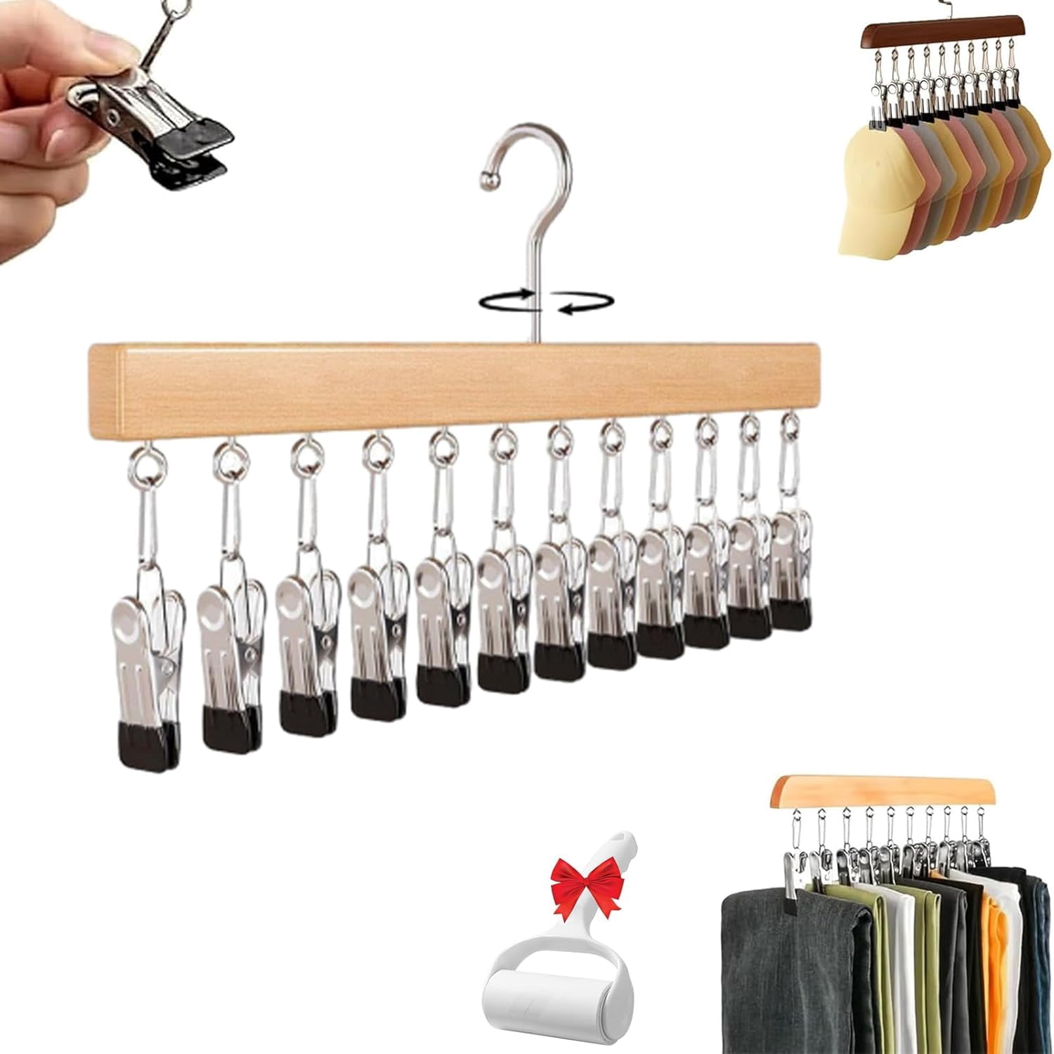 2026 New Pure Wood Rotating Closet Organizer with 12 Clips - Vertical Space Saver & Wrinkle-Free Storage Solution, Multi-Layer Solid Wood Rotating Hanger, for Jeans Leggings Skirts Hats (1, Nature)