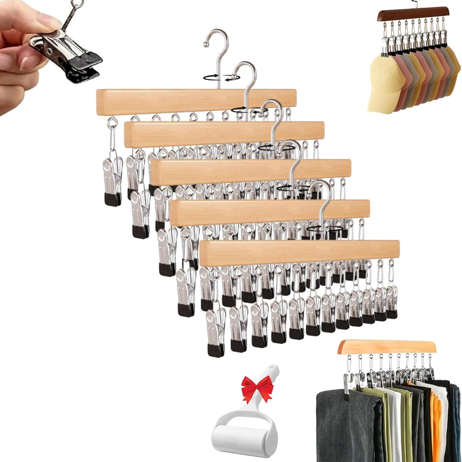 2026 New Pure Wood Rotating Closet Organizer with 12 Clips - Vertical Space Saver & Wrinkle-Free Storage Solution, Multi-Layer Solid Wood Rotating Hanger, for Jeans Leggings Skirts Hats (5, Nature)