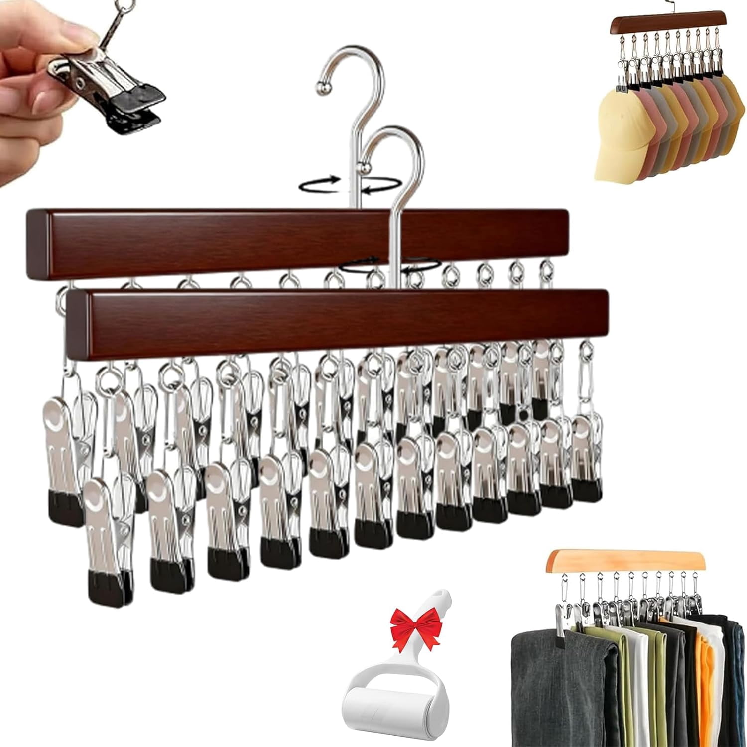 2026 New Pure Wood Rotating Closet Organizer with 12 Clips - Vertical Space Saver & Wrinkle-Free Storage Solution, Multi-Layer Solid Wood Rotating Hanger, for Jeans Leggings Skirts Hats (2, Brown)