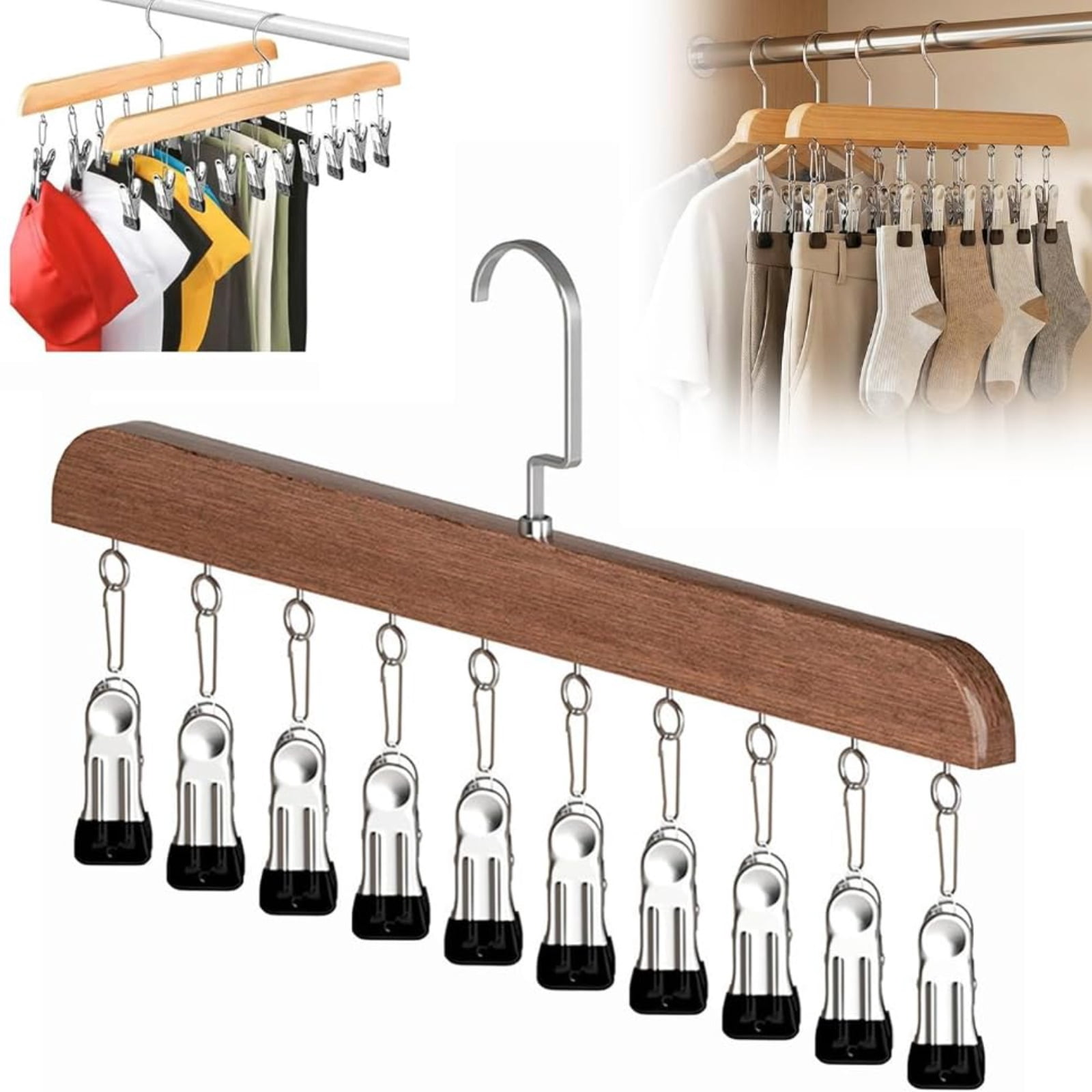 Rotatable Closet Racks 2026 New Pure Wood Rotating Closet Organizer with 10 Clips,Can Rotate ...