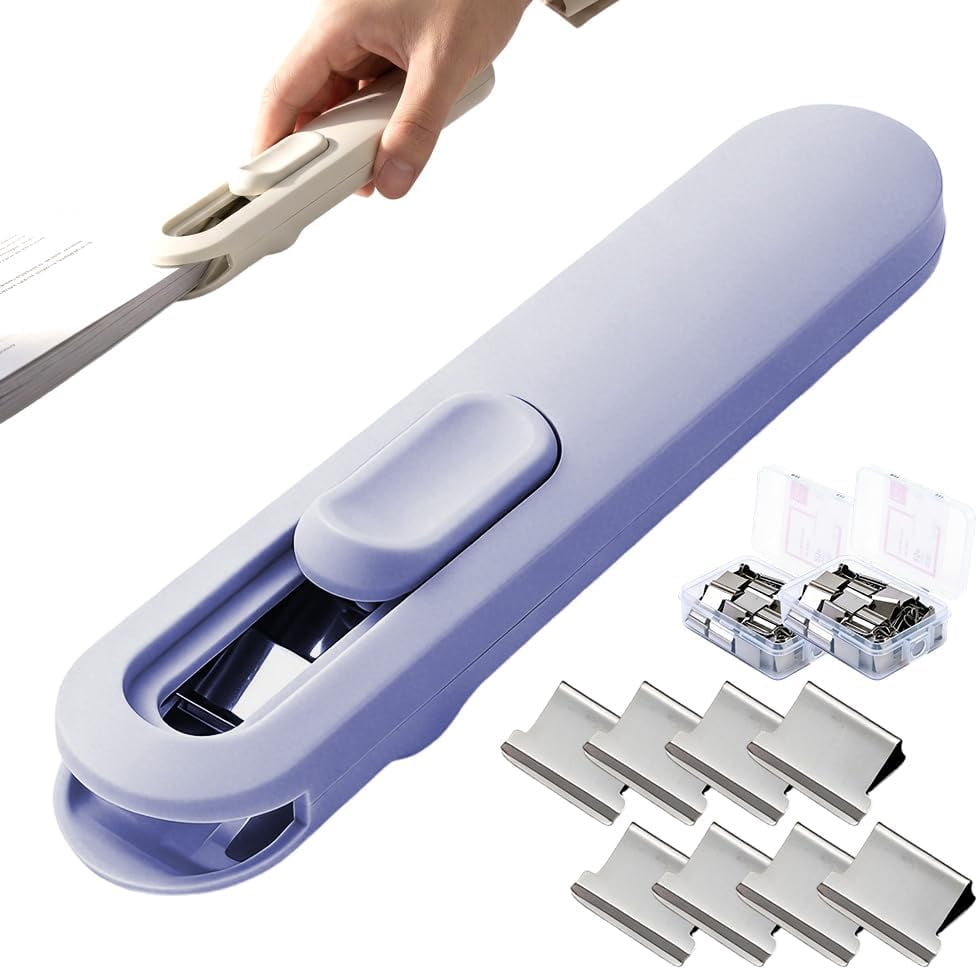 Push Clip Binder Stapler with 108 Reusable Clips, Portable Handheld Paper Clamp, Document Fastener for Office (Blue)