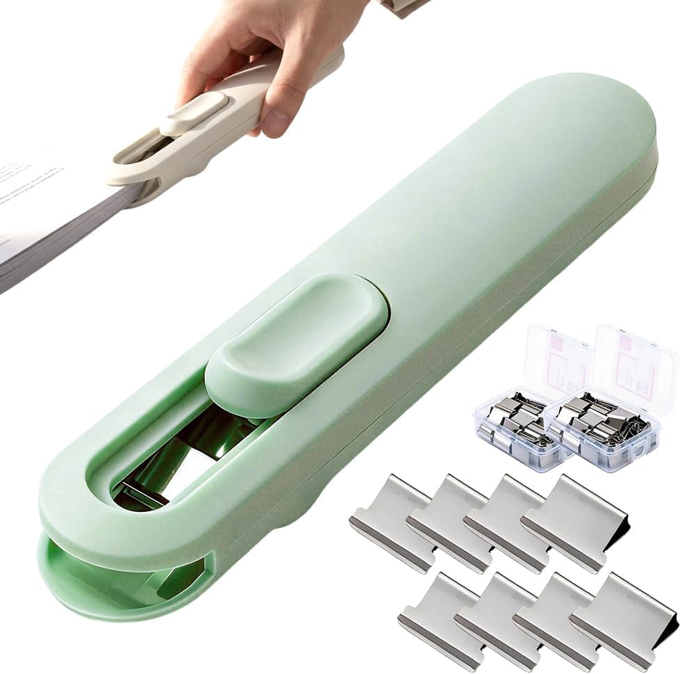 Push Clip Binder Stapler with 108 Reusable Clips, Portable Handheld Paper Clamp, Document Fastener for Office(Green)