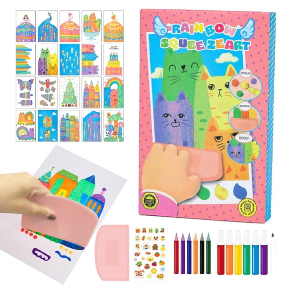 2026 New Rainbow Squeeze Art Kit, 35pcs Set Magic Rainbow Scratch Art Postcards with Paint Pens, Stickers & Scraper, DIY Squeegee Art Set for Party Favors, Classroom Activities & Gifts