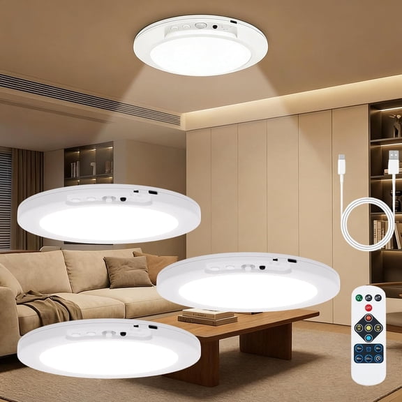 2026 New Rechargeable Motion Sensor Ceiling Light with Remote, Wireless Battery Operated LED Closet Light, Waterproof Magnetic Wireless Ceiling Light for for Shower, Hallway, Shed, Pantry (3Pcs)