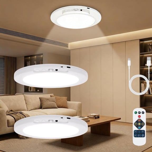2026 New Rechargeable Motion Sensor Ceiling Light with Remote, Wireless Battery Operated LED Closet Light, Waterproof Magnetic Wireless Ceiling Light for for Shower, Hallway, Shed, Pantry (2Pcs)