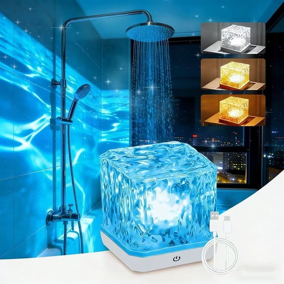 2026 New Rechargeable Shower Light No Wiring, 16Color Dimmable Waterproof Shower Lamp with Remote, Changeable Ocean Wave Projector Light, Rotating Flame Water Ripple Lamp for Shower (3 Color)