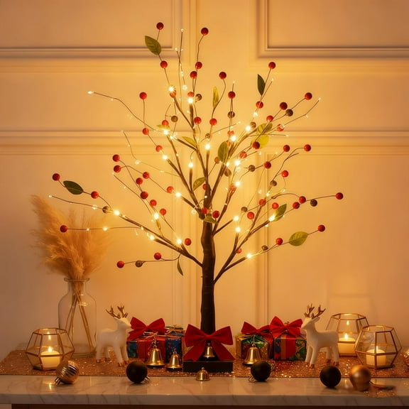 2026 New Red Berry Blossom Tree, Red Berry Blossom Tree Lights, 48 Berries and 24 Led Beads Tabletop Bonsai Tree Lamp for Tabletop Centerpiece Xmas Indoor Home Decor