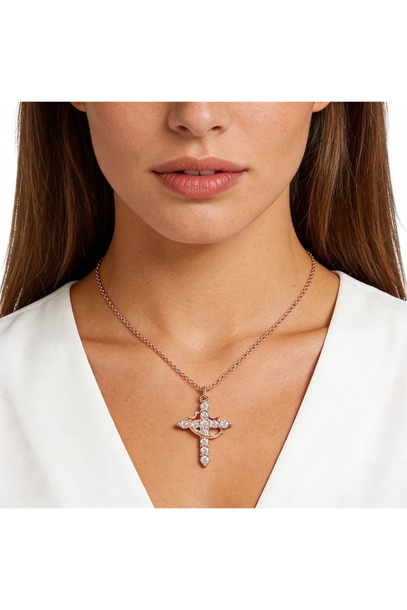 2026 New Rose Gold Necklace Cross Necklace for Women Rotating Crown Cross Pendant Non-Tarnish Plated Dainty Jewelry Christian Religious Gifts for Her