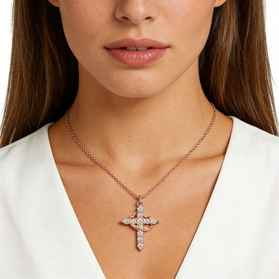 2026 New Rose Gold Necklace Cross Necklace for Women Rotating Crown Cross Pendant Non-Tarnish Plated Dainty Jewelry Christian Religious Gifts for Her