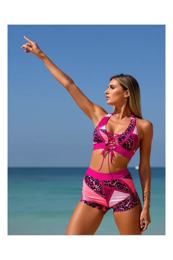 2026 New Rose red leopard print patchwork two-piece swimsuit for women, neckline tie, chest drawstring bikini, chest gathering, flat-leg pants swimsuit for women