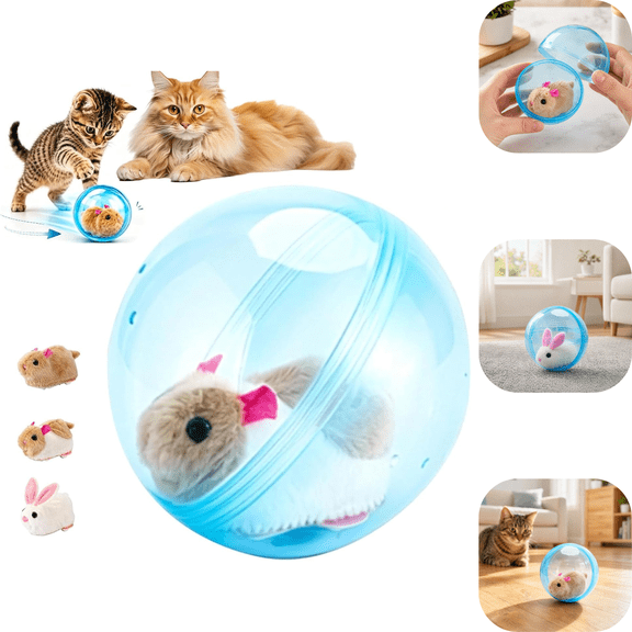 2026 New Self-Rolling Interactive Cat Ball, Smart Obstacle Avoidance Rolling Cat Toy Ball with Plush Rabbit Hamster, Auto Moving Chase Toy for Kittens Cats Small Dogs-Blue Mouse-B