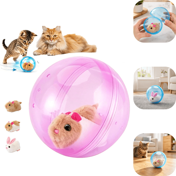 2026 New Self-Rolling Interactive Cat Ball, Smart Obstacle Avoidance Rolling Cat Toy Ball with Plush Rabbit Hamster, Auto Moving Chase Toy for Kittens Cats Small Dogs-Pink Mouse-B