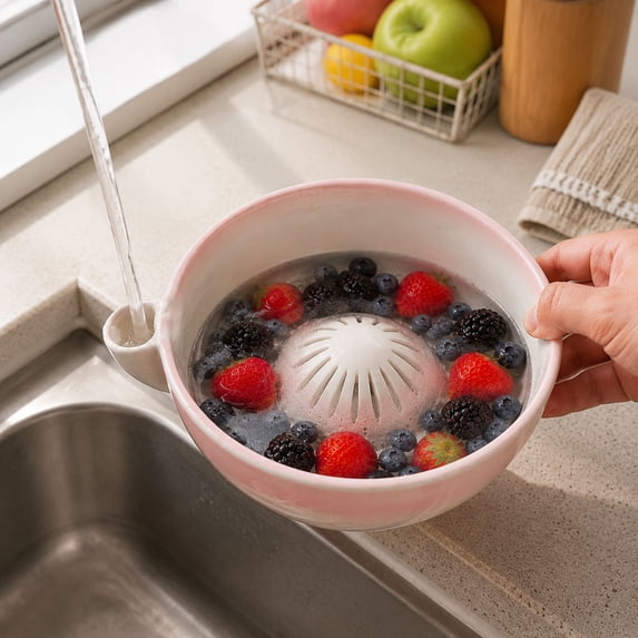 2026 New Self Spinning Berry Bowl, Ceramic Fruit Washer with Drain Holes, Berry Washing Bowl & Fruit Washer Spinner, Automatic Rotating Colander for Berries, Vegetables & Small Fruits,1PCS
