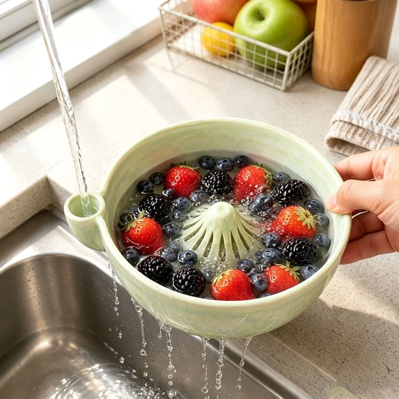 2026 New Self Spinning Berry Bowl, Ceramic Fruit Washer with Drain Holes, Berry Washing Bowl & Fruit Washer Spinner, Automatic Rotating Colander for Berries, Vegetables & Small Fruits,1PCS