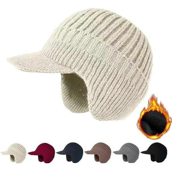 Cozy Head Beanie, Winter Hat with Brim and Ear Flaps, Beanie Knitted Hat with Fleece Lining, Warm Ear Protection