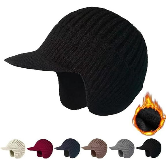 Cozy Head Beanie, Winter Hat with Brim and Ear Flaps, Beanie Knitted Hat with Fleece Lining, Warm Ear Protection