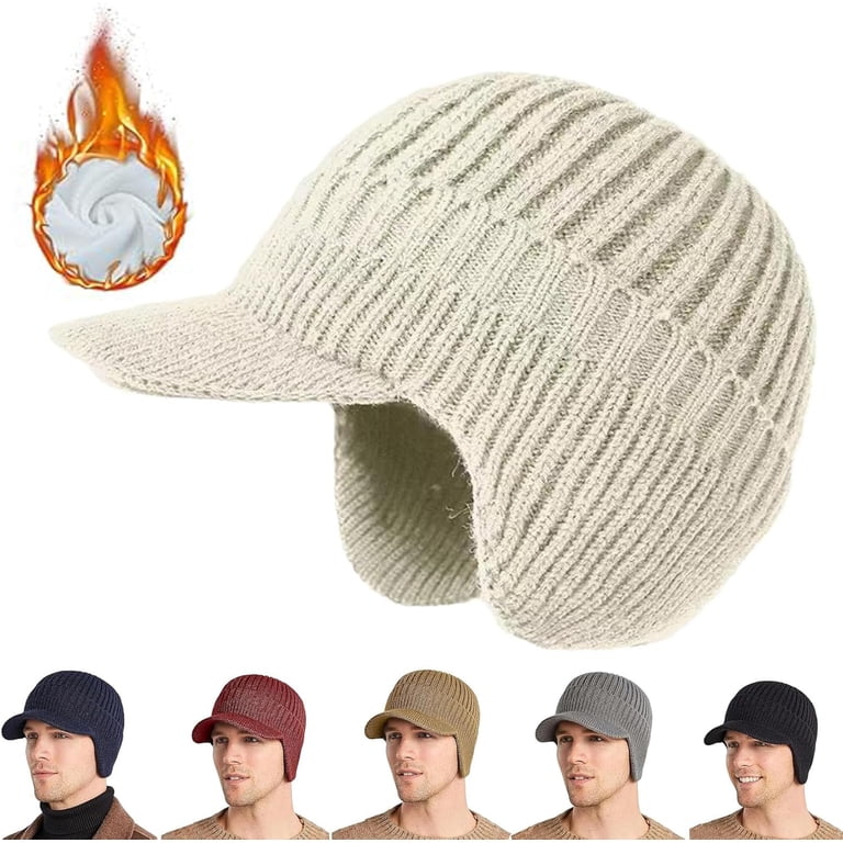 Men & Women White Beanie with Brim and Ear Flaps Fleece-Lined Hat Winter Warm Ear Flap Hat Extended Thickened Warm Lined Knit  main image 3