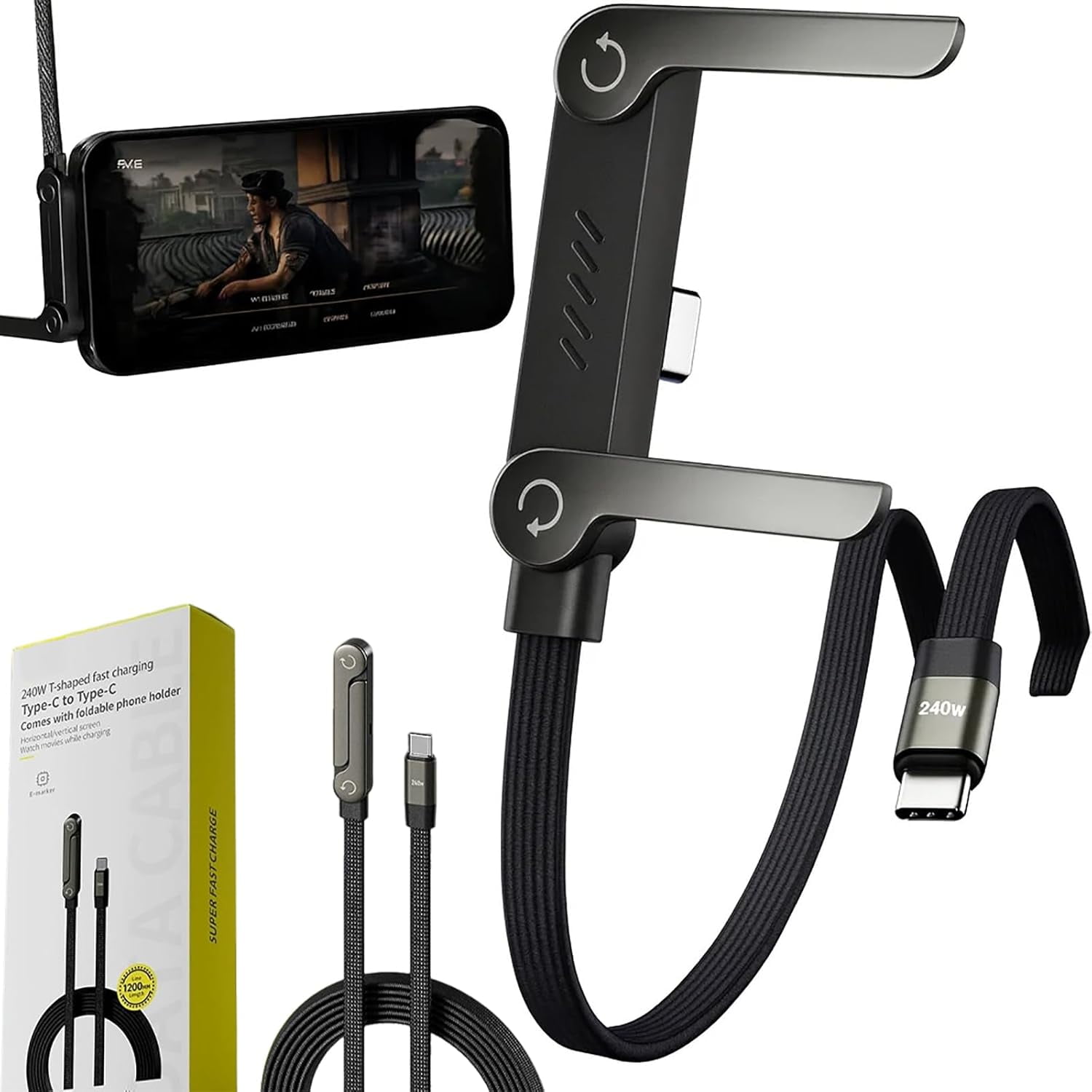 2026 New Sideways Phone Charger - 240W Braided Fast Charge Cable with Built-in Phone Stand, 2-in-1 Invisible Holder Charger Cable for iPhone, for Samsung and USB-C Devices