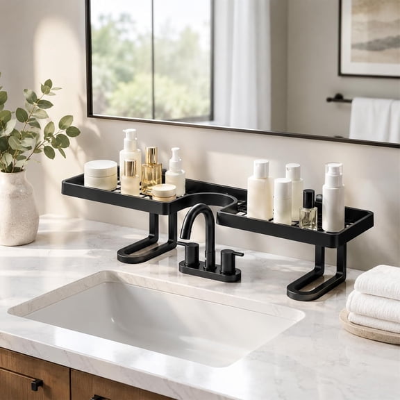 2026 New Over Sink Faucet Storage Rack, No-Drill Free Standing Faucet Storage Shelf, Space-Saving Bathroom Countertop Organizer for Kitchen & Bathroom, Easy Drainage (Black)
