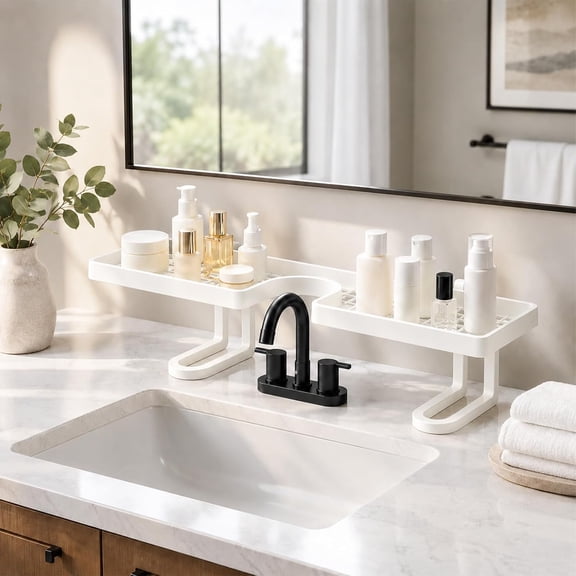 2026 New Over Sink Faucet Storage Rack, No-Drill Free Standing Faucet Storage Shelf, Space-Saving Bathroom Countertop Organizer for Kitchen & Bathroom, Easy Drainage (White)