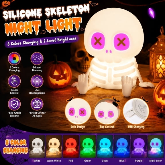 2026 New Skull Decor LED Night Light 1PCS, Soft Silicone Skeleton Lamp, Rechargeable Bedside Light for Home