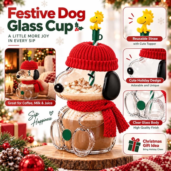 2026 New Snoo.py Glass Cold Cup Tumbler 2026 With Straw, 20oz Removable Red Knit Hat & Scarf, Cute Novelty Glass Cup for Iced Coffee & Cold Drinks