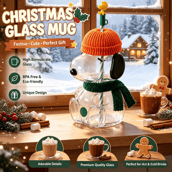 2026 New Snoo.py Inspired Cartoon Dog Glass Cold Cup with Straw, Knitted Beanie Hat and Scarf Decor, 20 oz Clear Tumbler for Iced Coffee & Cold Drinks Christmas Gifts
