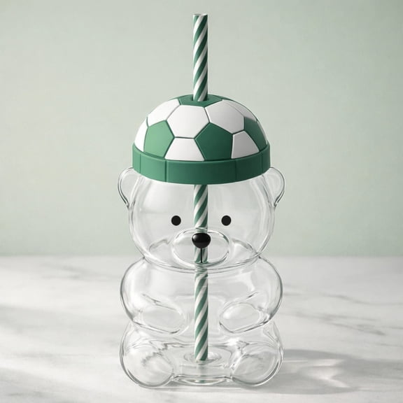 2026 New Soccer Lid Bear Straw Glass Cup, Eco Friendly Cute Animal Drinking Cup with Reusable Striped Straw, Dishwasher Safe for Boba Tea, Iced Coffee, Smoothies &