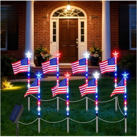 2026 New Solar American Flags Pathway Lights, Flag Stake Lights Outdoor, Waterproof Garden Stake Decor, 8 Modes Dusk to Dawn