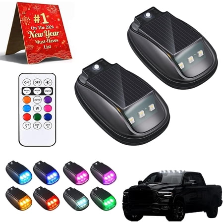 2026 New Solar Cab Lights for Truck, Solar Car Roof RGB Strobe Light with Remote Control, No-Drill Wireless Waterproof LED Light for Truck SUV RV Night Driving