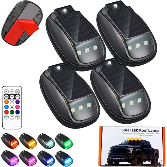 2026 New Solar Car Roof RGB Strobe Light with Remote Control, Waterproof Interior Car Lights 8 Colors Wireless LED Strobe Lights for Trucks, Motorcycle, Vehicle, Night Driving (4pcs)