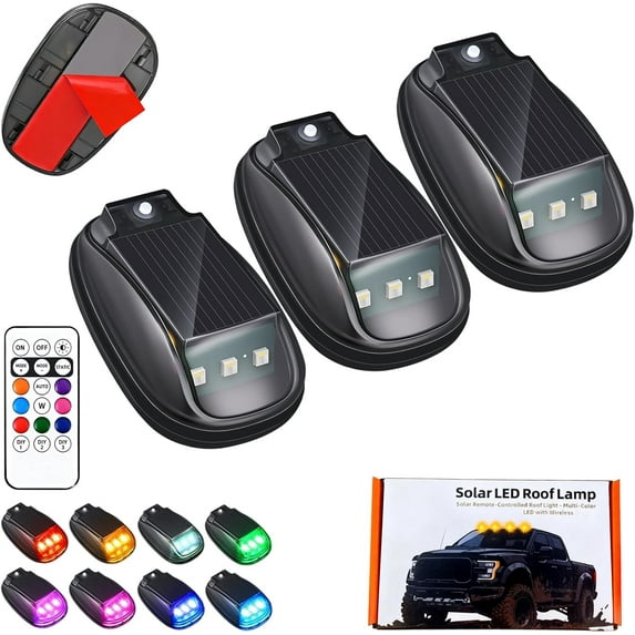 2026 New Solar Car Roof RGB Strobe Light with Remote Control, Waterproof Interior Car Lights 8 Colors Wireless LED Strobe Lights for Trucks, Motorcycle, Vehicle, Night Driving (3pcs)
