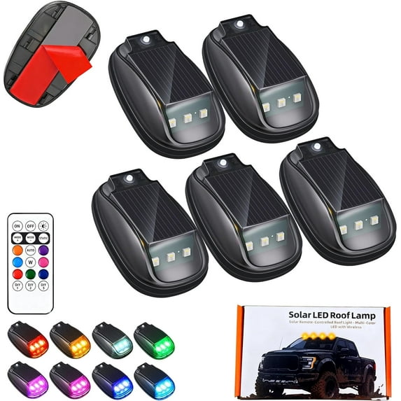 2026 New Solar Car Roof RGB Strobe Light with Remote Control, Waterproof Interior Car Lights 8 Colors Wireless LED Strobe Lights for Trucks, Motorcycle, Vehicle, Night Driving (5pcs)